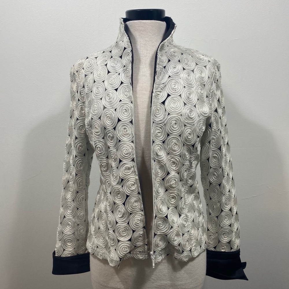 D&Y Evening Jacket Black White Floral‎ Ribbon Rosette Applique Party Coat Sz Lrg